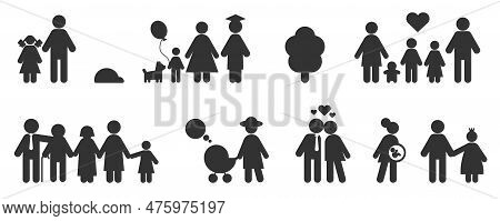 Black Family Icons. Parents With Children. Spouses Silhouette Signs. Man With Stroller. Pregnant Wom