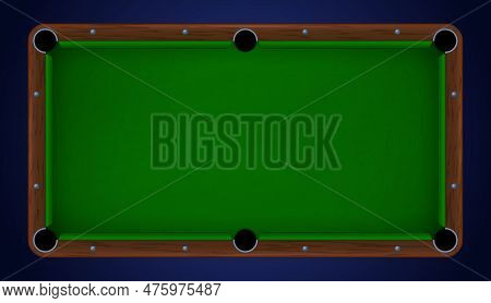Pool Table Top View. Online Billiard Game Green Vector Background. Cartoon American Indoor Sport Onl