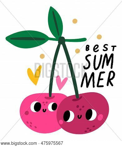 Cute Fruits Character Emblem. Cartoon Summer Cherries With Happy Faces. Romantic Berry Mascots Huggi