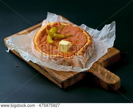 Georgian Pastry. Puff Pastry Khachapuri Close-up. Khachapuri With Hot Pepper, Khachapuri With Chicke
