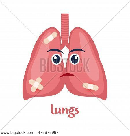 Sick Lungs With Pain Ache Or Disease. Sad Cartoon Character Lungs, Body Organ Injured Or Unhealthy.