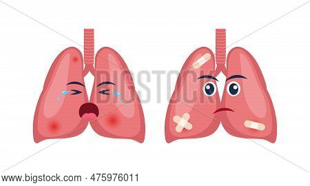 Sick Lungs With Pain Ache Or Disease. Sad Cartoon Character Lungs, Body Organ Injured Or Unhealthy.