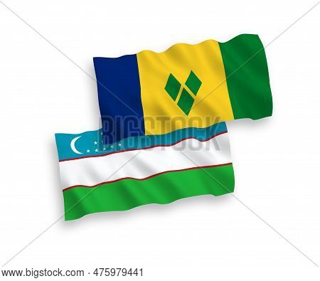 National Fabric Wave Flags Of Saint Vincent And The Grenadines And Uzbekistan Isolated On White Back