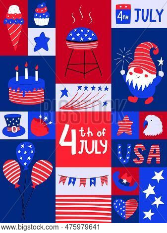 Graphic Poster With National Symblos Of Usa Independence Day. Greeting Card For 4th Of July. Balloon