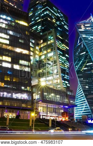 Moscow, Russia - 11 November, 2022: Night View On Illuminated Glass Futuristic Skyscrapers Of Moscow