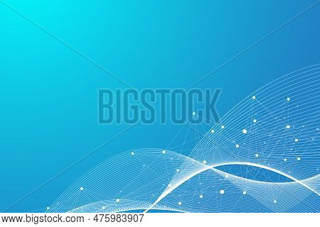 Digits Abstract Background With Connected Line And Dots, Wave Flow. Digital Neural Networks. Network