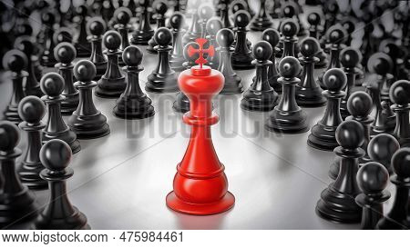 Red Chess King Standing Among White Pawns. 3d Illustration.