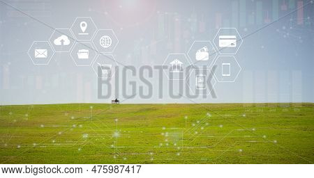 Social Internet Nerwork Connection Concept,  Unidentified Man Sitting At Bench On Top Hill With Virt