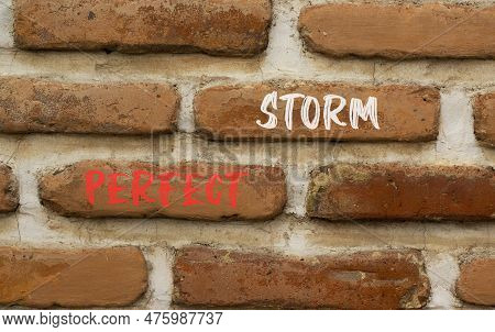 Perfect Storm Symbol. Concept Words Perfect Storm On Beautiful Red Brown Brick Wall On Beautiful Red