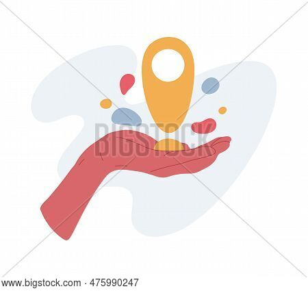 Hand Holding Map Point Pin, Travel Route Concept. Human Hand Hold Map Pin, Searching Location Cartoo