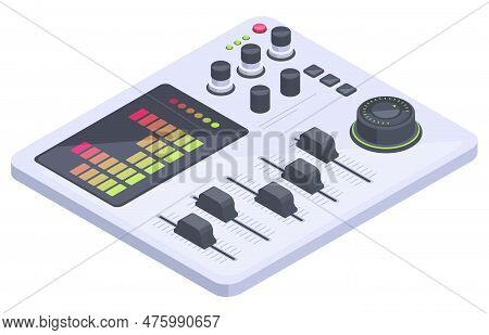 Isometric Aircraft Dashboard. Spaceship Control Panel With Sliders, Controllers And Buttons 3D Vecto