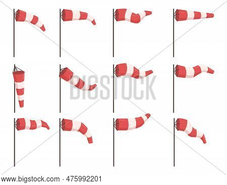 Windsock Wind Speed And Direction Chart Isolated Icons Set. Red And White Stripe Wind Cone On Pole F
