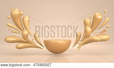 3d Beige Podium With Splash And Drops Liquid Foundation On Studio Background. Nude Cream Fluid With 