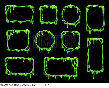 Cartoon Green Slime Frames. Halloween Holiday Creepy Background, Vector Spooky Round, Square And Rec