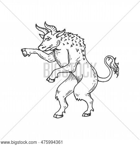 Minotaur Medieval Heraldic Animal Sketch. Mythical Creature, Fantasy Minotaur Or Magic Animal Mediev