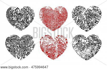 Fingerprint Hearts. Valentine Holiday Black And Red Fingermark Patterns, 8 March Celebration Ink Fin