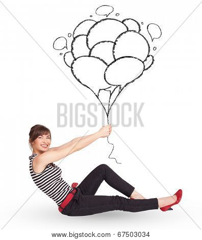 Happy young woman dolding balloons drawing