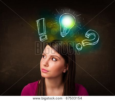 Young preety teenager with hand drawn light bulb illustration