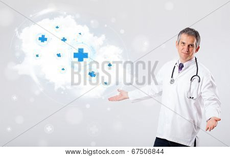 Proffesional doctor listening to abstract cloud with medical signs