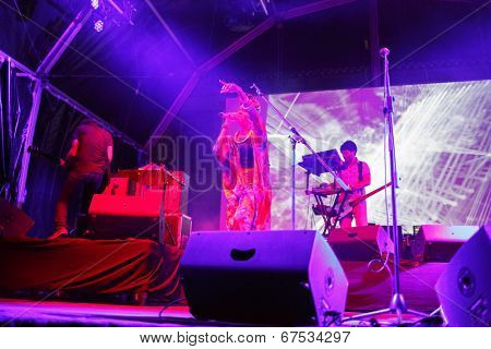 LOULE - JUNE 26: Bomba Estereo an eletronic dance music band from Colombia, performs on stage at festival med, a world music festival, in Loule, Portugal, June 26, 2014  