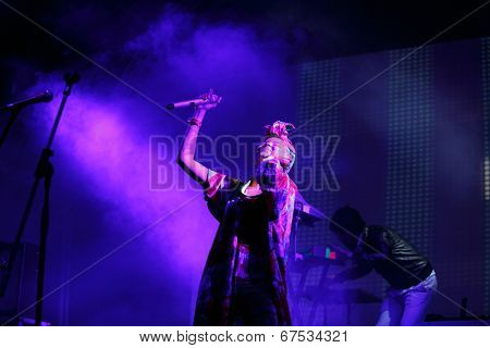 LOULE - JUNE 26: Bomba Estereo an eletronic dance music band from Colombia, performs on stage at festival med, a world music festival, in Loule, Portugal, June 26, 2014  