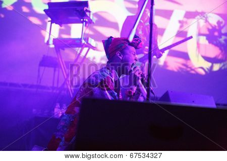 LOULE - JUNE 26: Bomba Estereo an eletronic dance music band from Colombia, performs on stage at festival med, a world music festival, in Loule, Portugal, June 26, 2014  