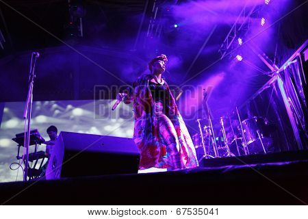 LOULE - JUNE 26: Bomba Estereo an eletronic dance music band from Colombia, performs on stage at festival med, a world music festival, in Loule, Portugal, June 26, 2014  
