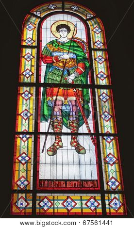 Stained glass window depicting great martyr Demetrius of Thessalonica.