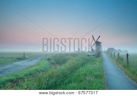 Beautiful Misty Sunrise Over Dutch Farmland