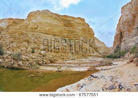 Picturesque valley in the desert. Ein Avdat Canyon, the route start