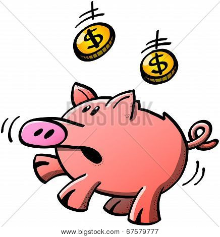 Piggy bank catching dollar coins