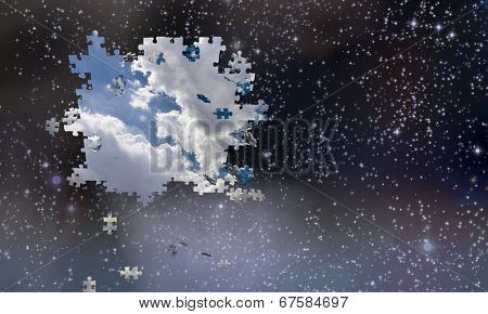 Puzzle pieces fall from night sky revealing day Elements of this image furnished by NASA