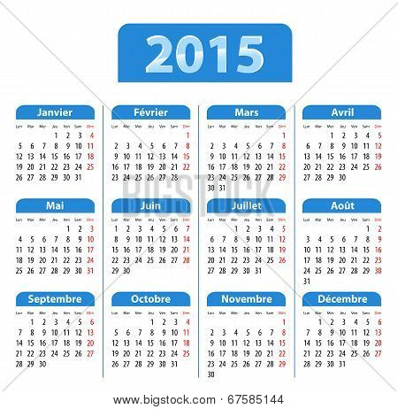 Blue Glossy Calendar For 2015 In French
