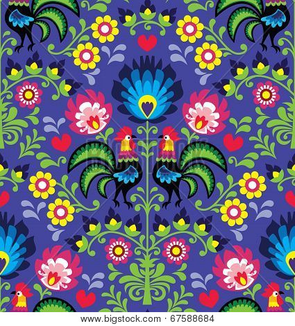 Seamless Polish folk art pattern with roosters