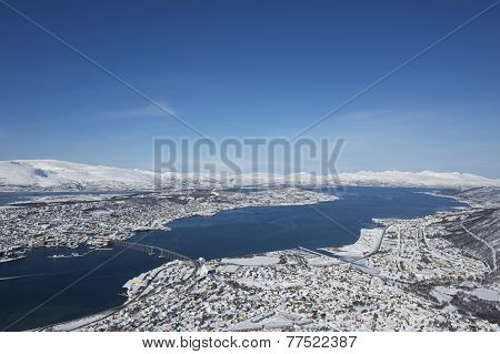 Aerial view to the city of Tromso, 350 kilometers north of the Arctic Circle, Norway.