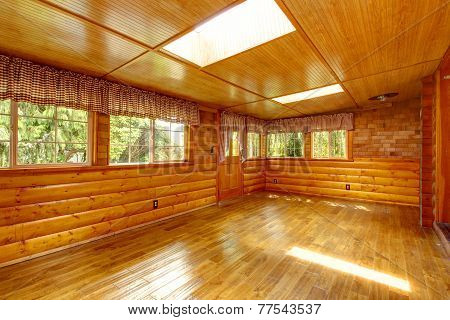 Bright Empty Log Cabin House Interior With Skylights