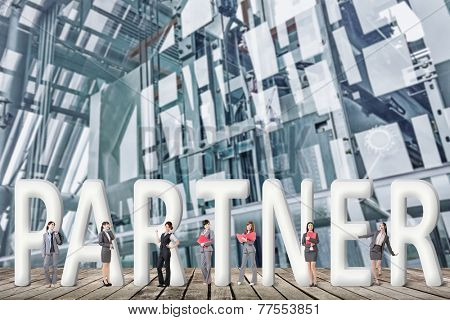 Concept of partner, friends,collaborate with group of business people stand with 3d text. 