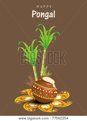 South Indian harvesting festival, Happy Pongal celebrations with rice in traditional mud pot, sugarcane and wheat grain on floral rangoli decorated brown background.