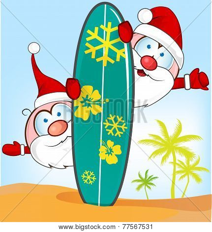 Santa Claus Cartoon With Surfboard On Summer Background