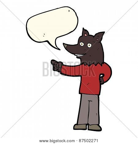 cartoon wolf man pointing with speech bubble