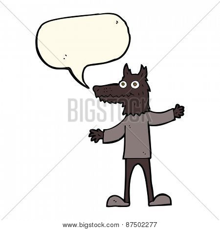 cartoon wolf man pointing with speech bubble