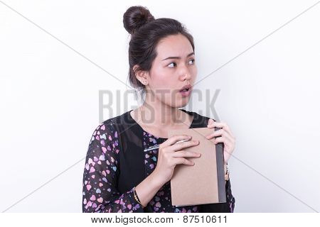 Portrait Business Woman Taking Notebook On White Background