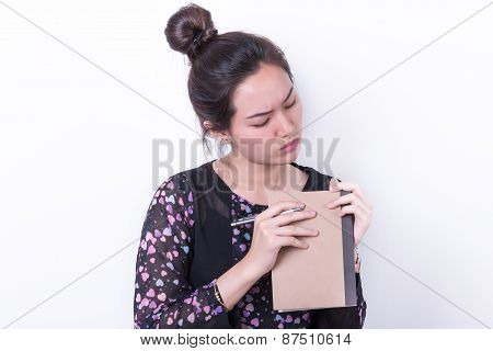 Portrait Business Woman Taking Notebook On White Background