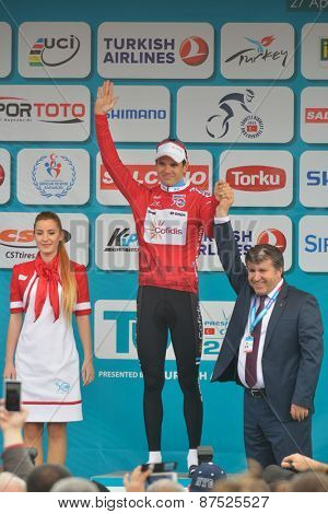 MARMARIS, TURKEY - APRIL 30, 2014: Rein Taaramae from the team Cofidis keep the Red Jersey for climbing after 4th stage of 50th Presidential Cycling Tour of Turkey