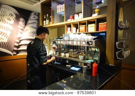 SHENZHEN, CHINA - FEBRUARY 16, 2015: Costa Coffee cafe interior. Costa Coffee is a British multinational coffeehouse company headquartered in Dunstable, United Kingdom.