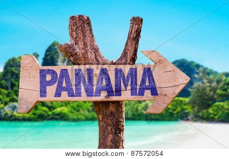 Panama wooden sign with beach background