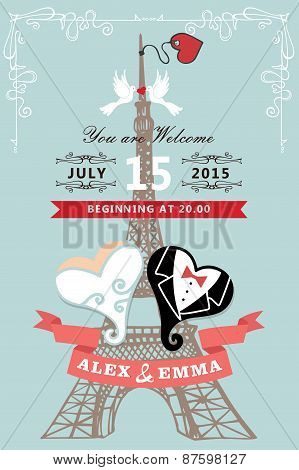 Wedding invitation.Eiffel tower,stylized heart