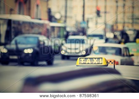 Taxi On City Streets With A Digital Retro Effect