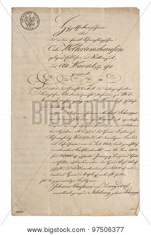 Antique manuscript with calligraphic handwritten text. Grunge vintage paper texture with adges