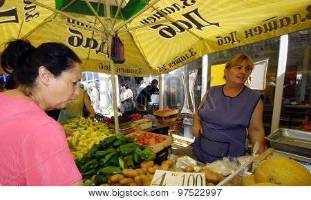 Picture of a Fruit and vegetable sellers at the market.August, 2015. Resen Macedonia